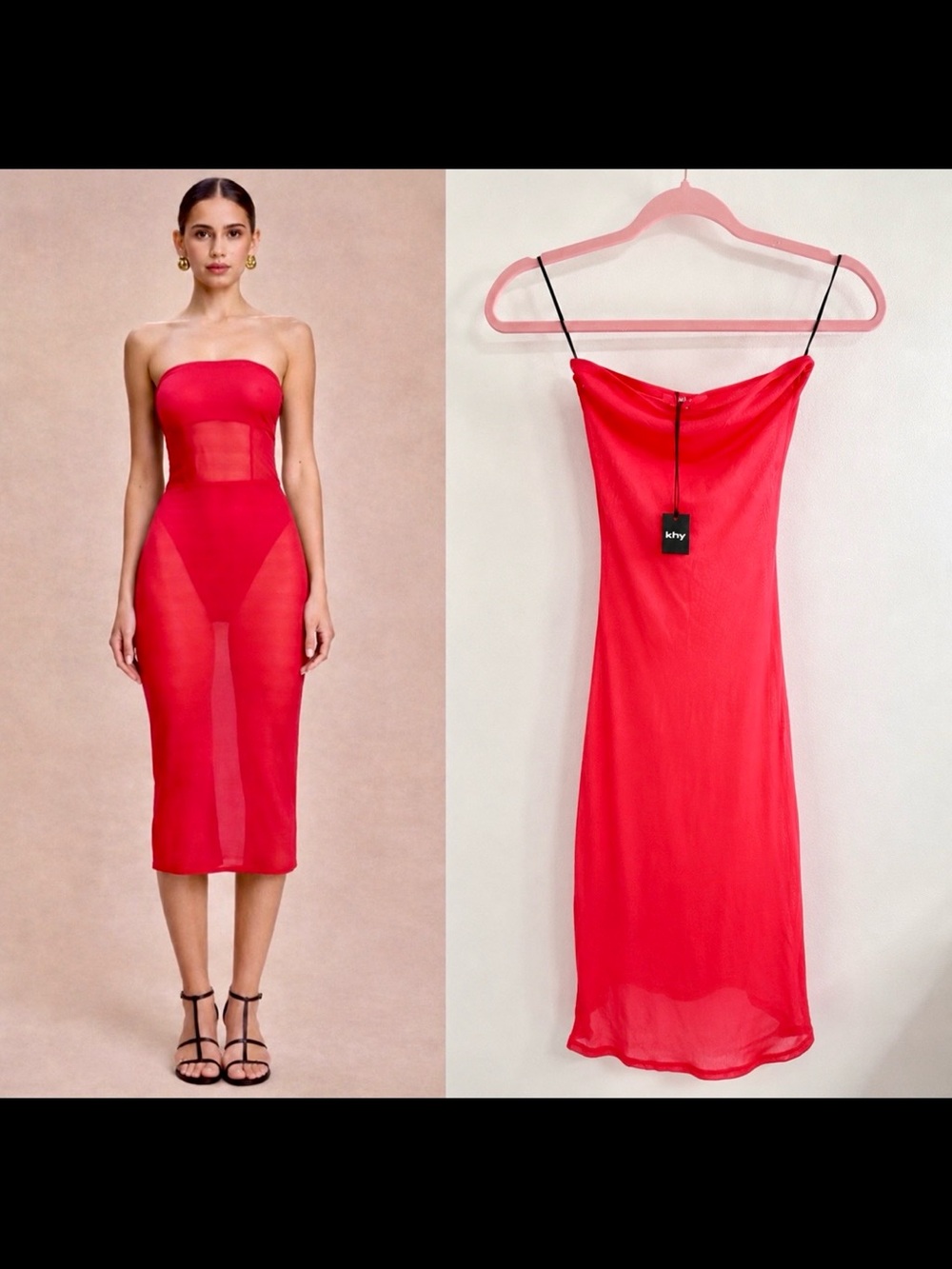 khy Kylie Jenner Strapless Red Sheer Mesh Midi Dress